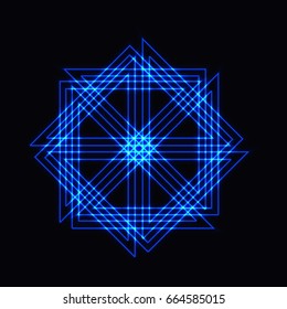 Abstract blue neon shape, futuristic wavy fractal of star and circle sign. Vector square or decorative element. Cool geometric illustration