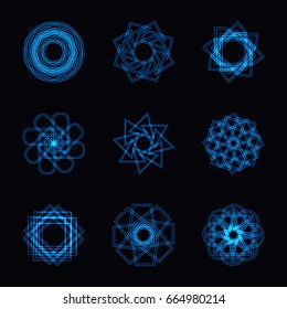 Abstract blue neon shape, futuristic wavy fractal of star and circle collection. Vector square and other different decorative elements. Cool geometric illustration