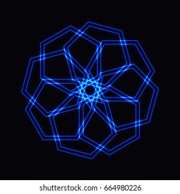 Abstract blue neon shape, futuristic wavy fractal of star and circle sign. Vector square or decorative element. Cool geometric illustration