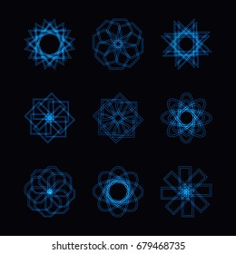 Abstract blue neon shape, futuristic wavy fractal of star and circle collection. Vector square and other different decorative elements. Cool geometric illustration