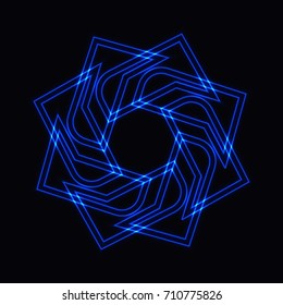 Abstract blue neon shape, futuristic wavy fractal of star and circle sign. Vector square or decorative element. Cool geometric illustration