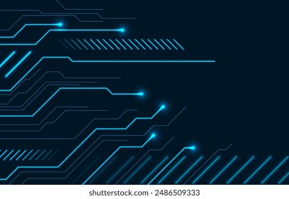 Abstract blue neon technology background with circuit board lines. Futuristic computer chip vector design