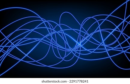 Abstract blue neon wave gradient with line glowing on dark background. Futuristic creative shine backdrop. 3d render. Curved fantastic blend wavy lines geometric equalizer. Vector illustration.
