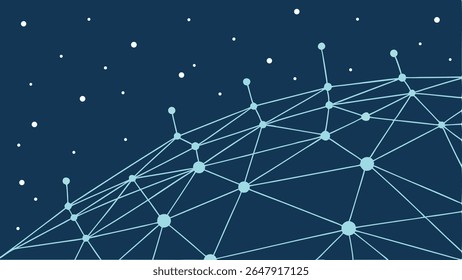 Abstract blue network design with connected dots against a dark, starry background. Represents technology, data, global connections, and digital communication.
