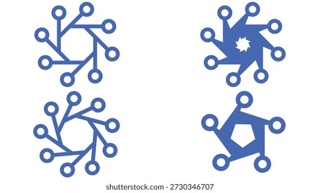 Conjunto de logotipo de red azul Abstractas con nodos conectados y Formas geométricas. Colección de iconos inspirada en la tecnología moderna, adecuada para blockchain, inteligencia artificial, redes de datos, ciberseguridad, marca fintech, startups, App, paneles de control y plataformas digitales.