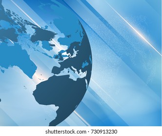 Abstract blue news vector with 3d globe map and diagonal shiny lines background. EPS10