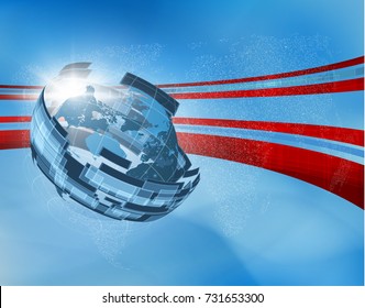 Abstract blue news vector with 3d globe map and technology shape bent around background. EPS10