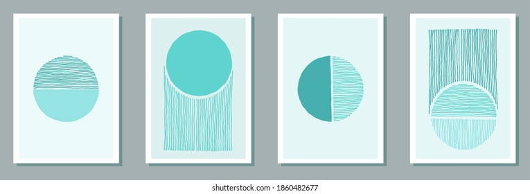 Abstract blue nordic banners with circles and lines in vintage style. Simple hand drawn geometric composition. Blue turquoise posters, geometirc nordic patterns, wall art prints.