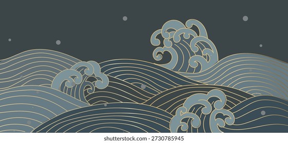 Abstract blue ocean Japanese wave background with a modern design featuring lines, Gold line Chinese sea waves banner, decor boarder