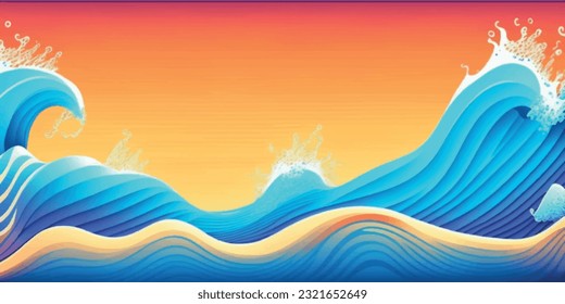 Abstract blue ocean sea water waves drawing background with yellow red orange sunrise sunshine sunlight sunny sky gradient mesh texture.Summer landscape wallpaper banner design.Vacation.Island.Art.