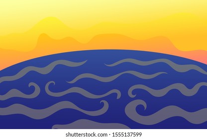 abstract blue ocean with wave and orange sky vector background