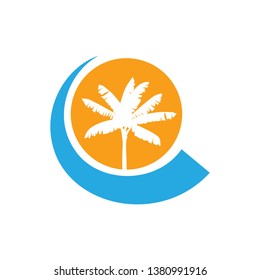 abstract blue ocean wave, sunset and palm tree, vector logo icon 