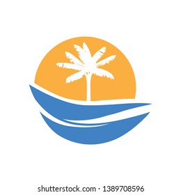 abstract blue ocean wave, sunset and palm tree, vector logo icon