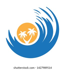 abstract blue ocean wave, sunset and palm trees, vector logo icon 