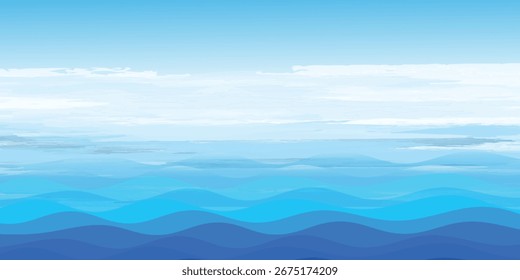 Abstrakter Hintergrund der blauen Ozeanwellen mit weichen Gradienten und geschichteten Wellen. Perfekt für Sommer-, Reise- oder Meeresdesign-Projekte.