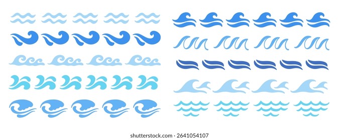 Abstract blue ocean waves borders strokes, dividers set. Hand drawn sea water wave vector lines design elements collection. Marine decorative splashes sign illustration. Nautical storm different shape