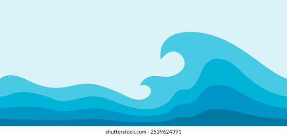 Abstract blue ocean waves. Dynamic curve sea wave seamless pattern. Vector banner. Flat design.
