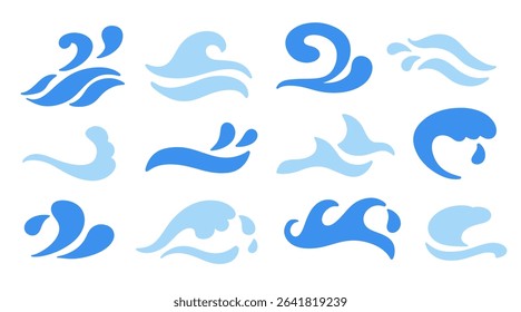 Abstract blue ocean waves logo icons set. Hand drawn sea water wave vector design elements collection. Marine decorative splashes sign illustration. Tsunami, nautical storm different shapes.