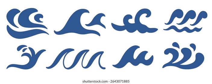 Abstract blue ocean waves logo icons set. Hand drawn sea water wave vector design elements collection. Marine decorative splashes sign illustration. Tsunami, nautical storm different shapes.