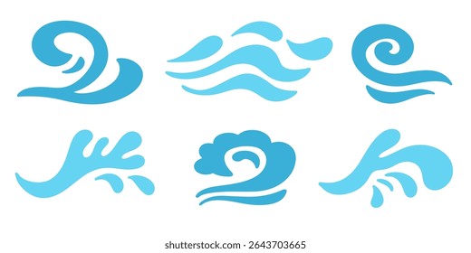 Abstract blue ocean waves logo icons set. Hand drawn sea water wave vector design elements collection. Marine decorative splashes sign illustration. Tsunami, nautical storm different shapes.