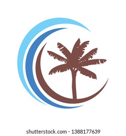 abstract blue ocean waves and palm tree, vector logo icon