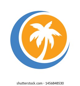 abstract blue ocean waves, sunset and palm tree, vector logo icon 