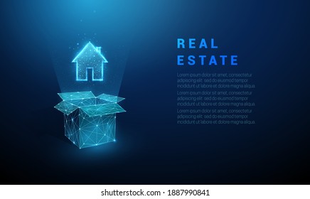 Abstract blue open box and house icon.  Low poly style design. Geometric background. Wireframe light connection structure. Modern 3d graphic concept. Isolated vector illustration