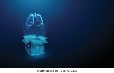 Abstract blue open box and human lungs. Organ transplantation concept. Low poly futuristic digital technology neon style. Geometric background. Wireframe light connection structure. 3d graphic. Vector