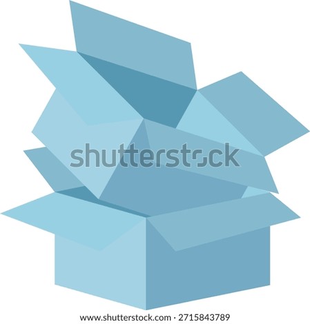 Abstract blue open cardboard box with scattered and unfolded flaps, creating a dynamic geometric shape.