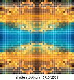 Abstract blue orange background with mesh of squares. Mosaic style. Geometric template. Cells.