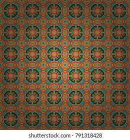 Abstract blue, orange and brown psychedelic print. Seamless impressive Mandalas pattern. Vector eco-styled background. Fabric, wallpaper, cloth and textile design. Modern urban dazzle paint.