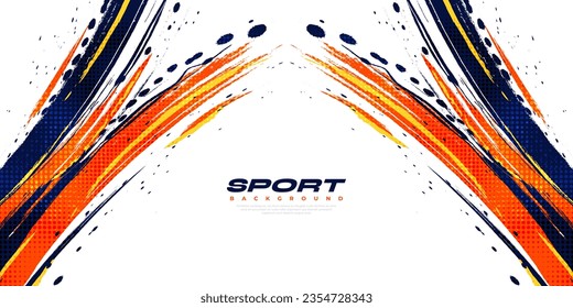 Resumen de fondo de pincel azul y naranja con efecto de semitono. Fondo deportivo. Ilustración de pinceles para pancarta o afiche. Elementos de rajadura y textura para el diseño
