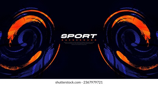 Abstract Blue and Orange Brush Background with Halftone Effect. Sport Banner. Brush Stroke Illustration. Scratch and Texture Elements For Design