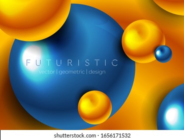 Abstract blue and orange futuristic 3d spheres geometric background. Glossy circles vector design