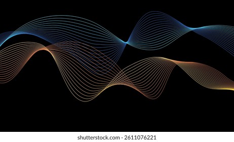 Abstract blue and orange gradient backdrop technology background with flowing dynamic wave lines. Abstract modern technology background with energy wavy smooth lines blend and particles data flow.