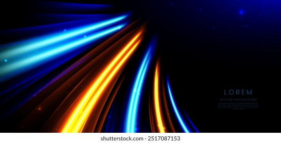 Abstrato azul e laranja neon diagonal brilhando sobre fundo preto com efeito de iluminação brilho. Ilustração vetorial