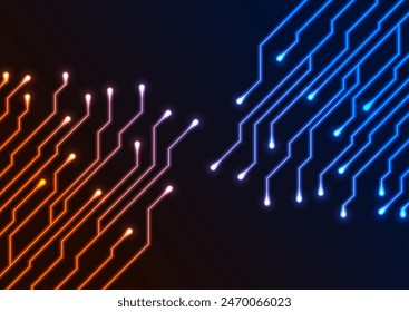 Abstract blue orange neon technology background with circuit board lines. Futuristic computer chip vector design