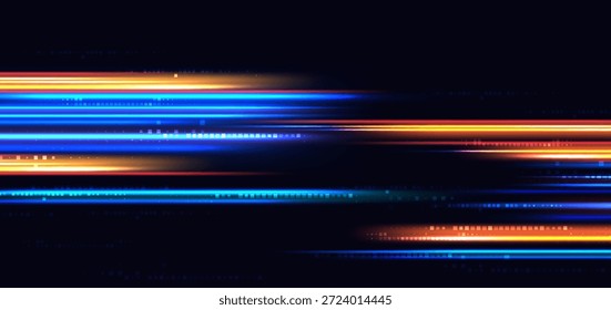 Abstrato azul e laranja velocidade horizontal no fundo escuro. Conceito de movimento de velocidade futurista. Ilustração vetorial