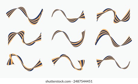 Abstract blue and orange stripes set. Liquify Wave Line. Perspective Smooth ribbon. Optical illusion 3d background. Modern vector design.