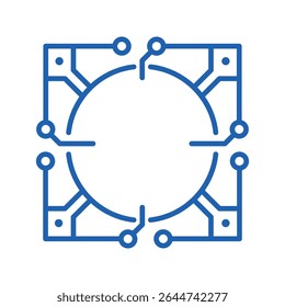 Abstract blue outline icon of technological microchip with circular center and connected circuit lines forming symmetrical square shape