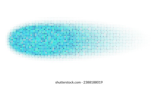 Abstraktes blaues Oval mit Bewegungsunschärfe und mosaikfarbener Pixelstruktur. Bild eines schnell fliegenden Kometen, Meters oder Feuerballs. Vektorellipse-Schatten im Comic- oder Manga-Stil. Retro-Videospielgrafik