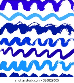 Abstract blue paint pattern with ink lines. Vector background with brushes strokes