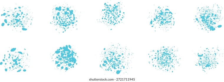 Abstractas conjunto de círculo de salpicaduras de pintura azul aislado sobre fondo blanco. Puntos grunge artísticos y texturas de salpicaduras que forman Formas redondas. Perfecto para el diseño moderno, fondos creativos, carteles y arte digital.
