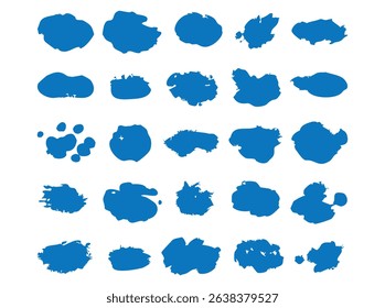 Abstract Blue Paint Splatter Designs,  20 unique, stylized blue paint splatter or ink blot designs on a white background, paint splatter, ink blot, abstract shapes, blue paint, graphic design, textile