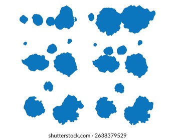 Abstract Blue Paint Splatter Designs,  20 unique, stylized blue paint splatter or ink blot designs on a white background, paint splatter, ink blot, abstract shapes, blue paint, graphic design, textile