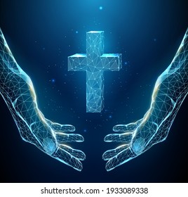 Abstract blue pair of hand holds cross. Low poly style design. Religious Christian concept. Modern 3d graphic geometric background. Wireframe light connection structure. Isolated vector illustration.