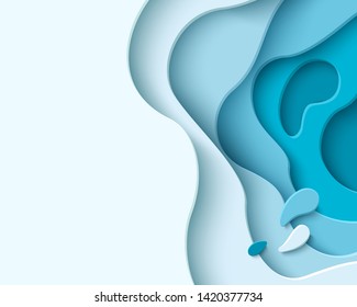 Abstract blue paper cut background with liquid shapes. Modern vector illustration for concept design banner, poster, flyer template. Realistic 3d layered smooth bending objects .