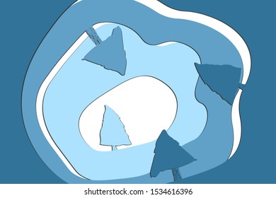 Abstract blue paper cut background. Colorful print with waves and Christmas trees.Template design for invitation, poster, card. Holiday card or congratulation.