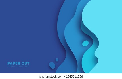 Abstract blue paper cut background with simple shapes. Modern vector illustration for concept design. Realistic 3d layered smooth bending objects.