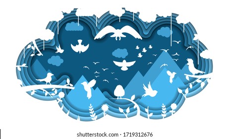 Abstract Blue Paper Cut Background Birds Nature Mountains